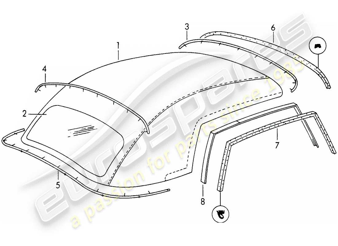 porsche 1958 (356/356a) cubierta de capota convertible diagrama de piezas