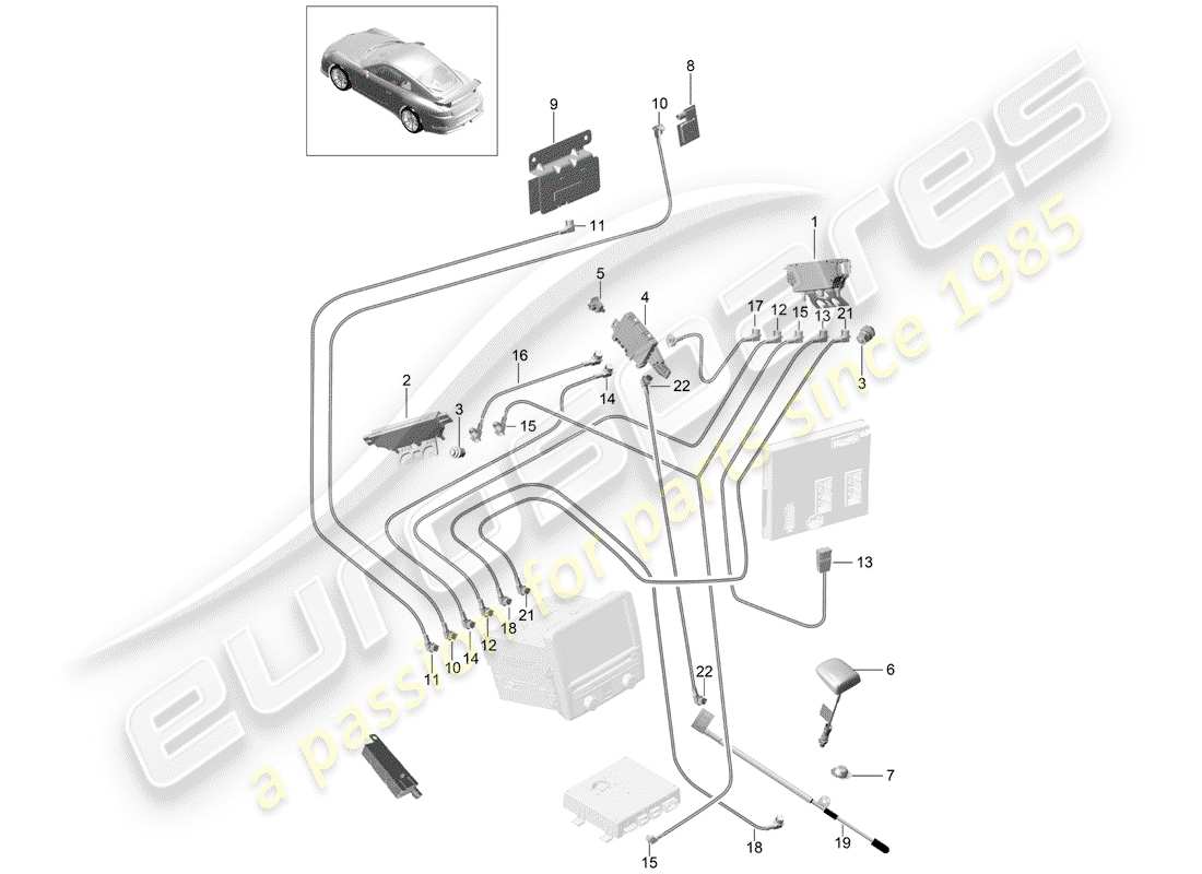 porsche 2015 (991-1 r/gt3/rs) diagrama de piezas del amplificador de antena