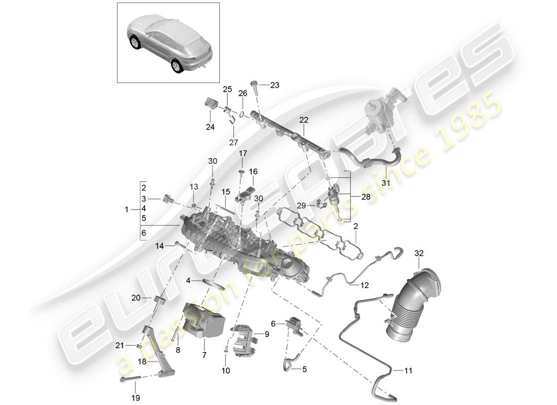 porsche 2018 (macan) colector de admisión diagrama de piezas