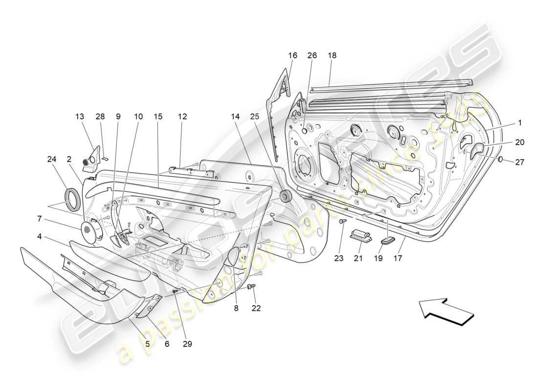 maserati granturismo s (2015) puertas delanteras: diagrama de piezas de los paneles embellecedores