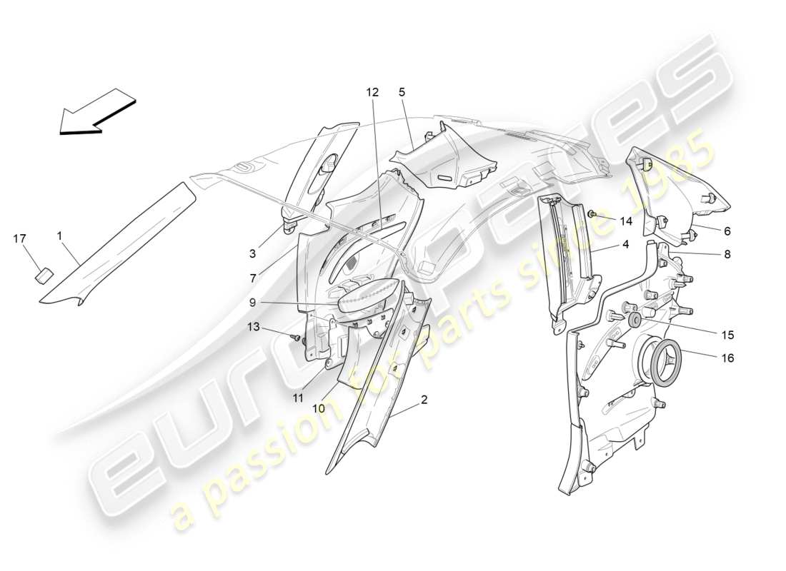 maserati granturismo s (2013) diagrama de piezas de paneles laterales y embellecedores del pilar b del compartimento de pasajeros