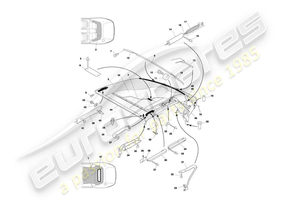 aston martin db7 vantage (2002) diagrama de piezas de moldura superior y techo volante
