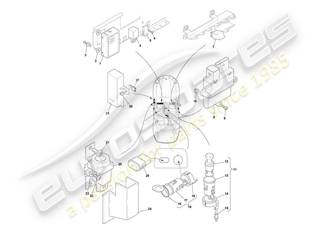 aston martin db7 vantage (2003) diagrama de piezas de componentes montados centralmente