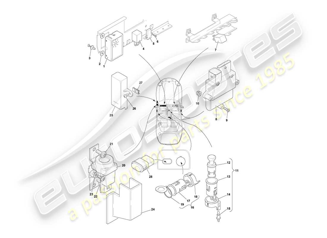 aston martin db7 vantage (2000) diagrama de piezas de componentes montados centralmente