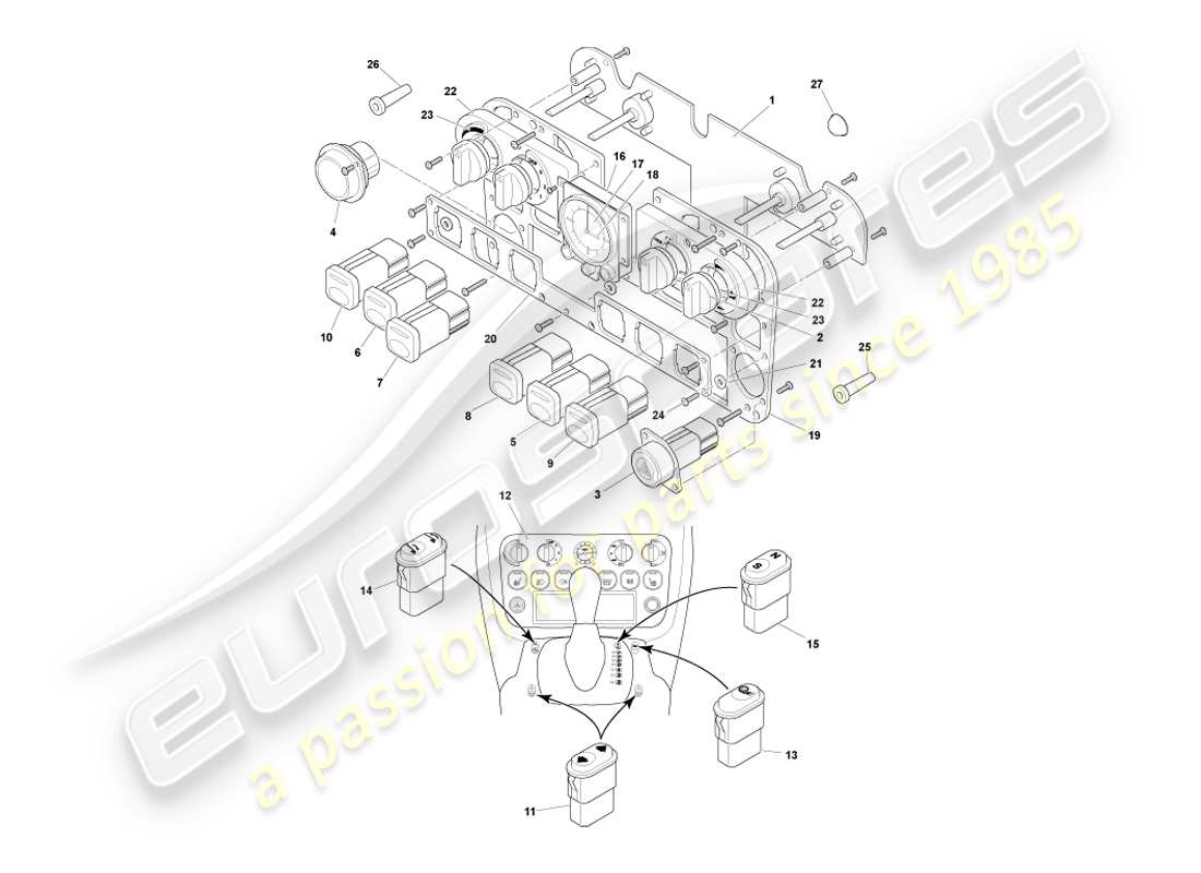 aston martin db7 vantage (2000) diagrama de piezas de instrumentos y controles