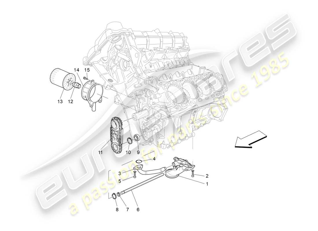 maserati granturismo (2010) sistema de lubricación: diagrama de piezas de bomba y filtro