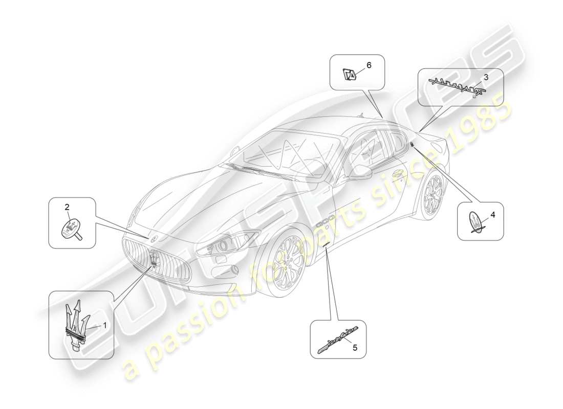 maserati granturismo s (2016) diagrama de piezas de adornos, marcas y símbolos