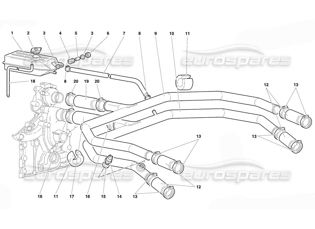 lamborghini diablo se30 (1995) diagrama de piezas del sistema de refrigeración por agua