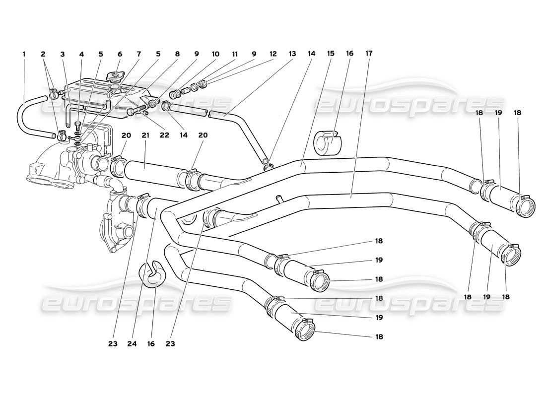 lamborghini diablo sv (1999) diagrama de piezas del sistema de refrigeración por agua