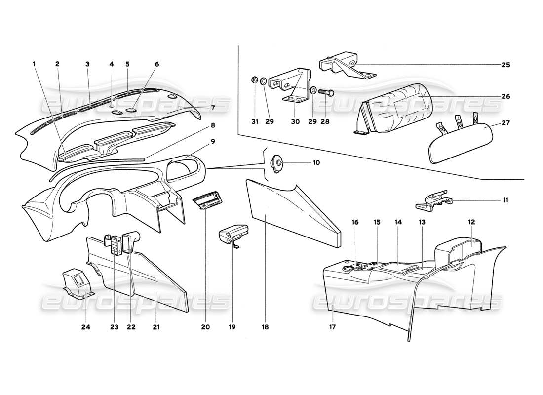 lamborghini diablo 6.0 (2001) diagrama de piezas de los adornos del compartimiento del pasajero