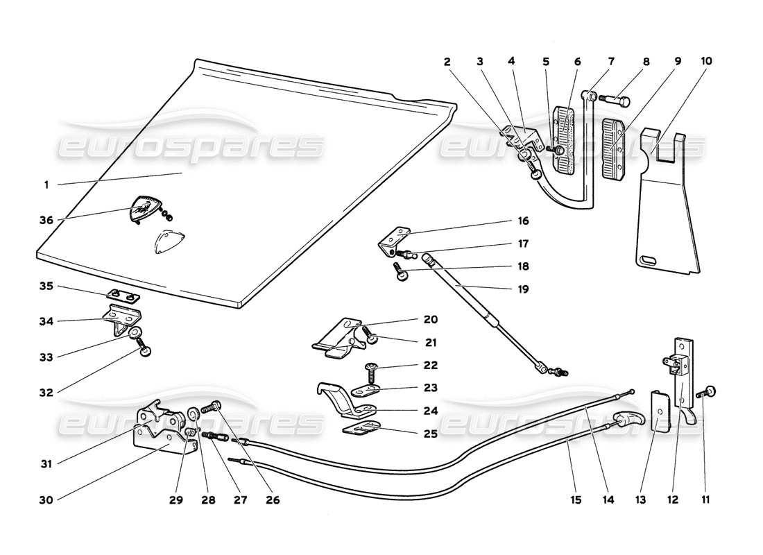 lamborghini diablo 6.0 (2001) diagrama de piezas del capó delantero