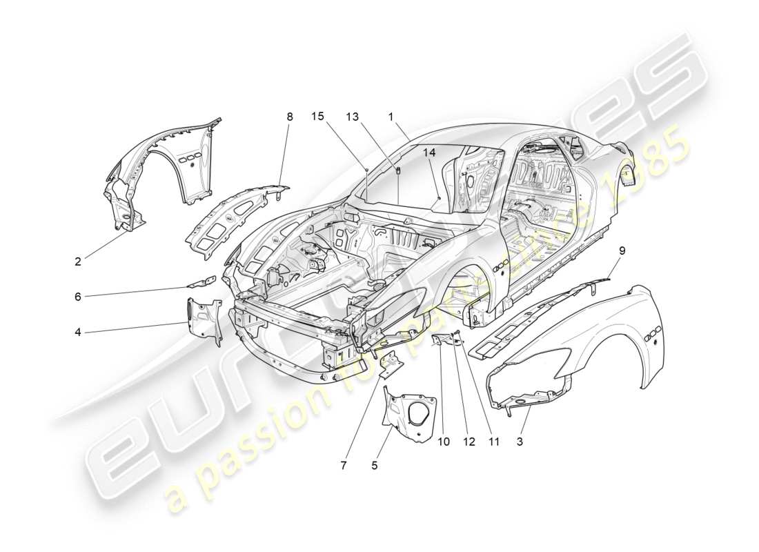 maserati granturismo (2010) diagrama de piezas de la carrocería y los paneles exteriores delanteros