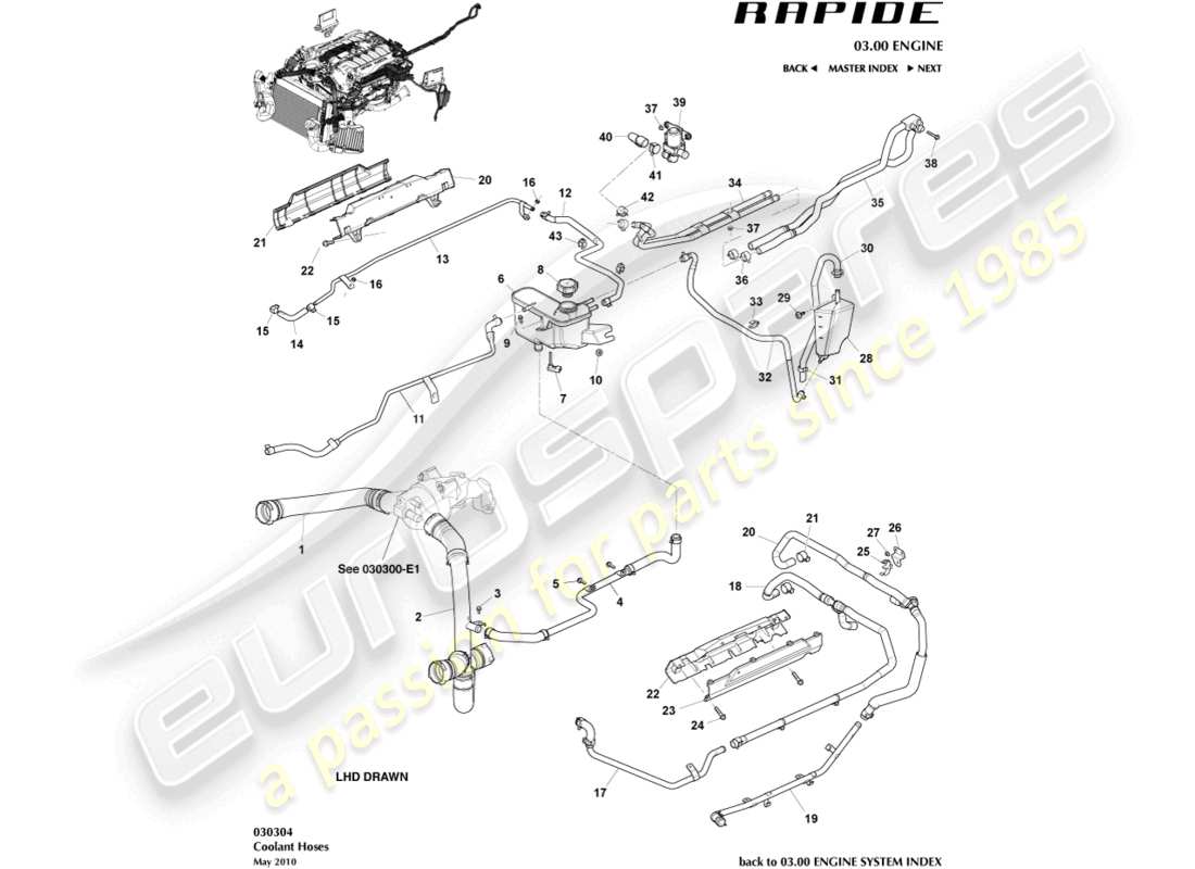 aston martin rapide (2010) depósito de refrigerante y mangueras diagrama de piezas