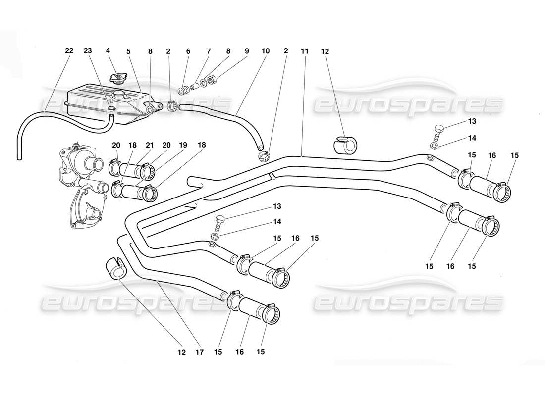 lamborghini diablo (1991) diagrama de piezas del sistema de refrigeración por agua