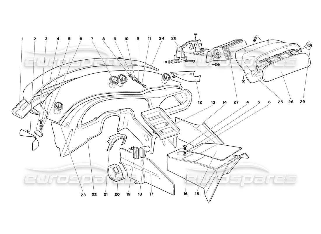 lamborghini diablo sv (1999) diagrama de piezas de los adornos del compartimiento del pasajero