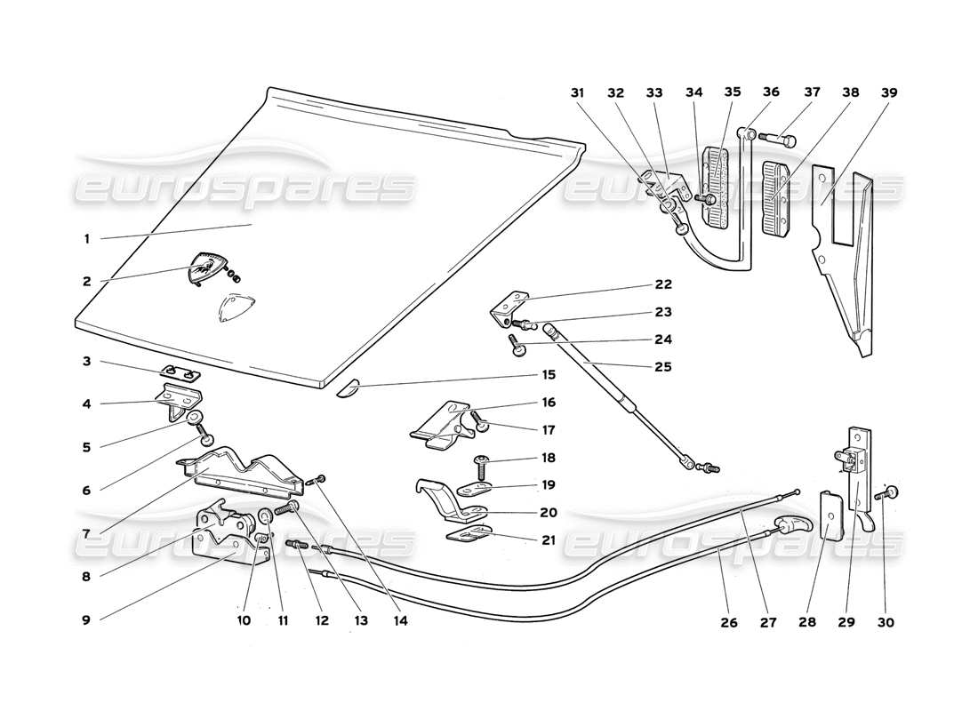 lamborghini diablo sv (1999) diagrama de piezas del capó delantero