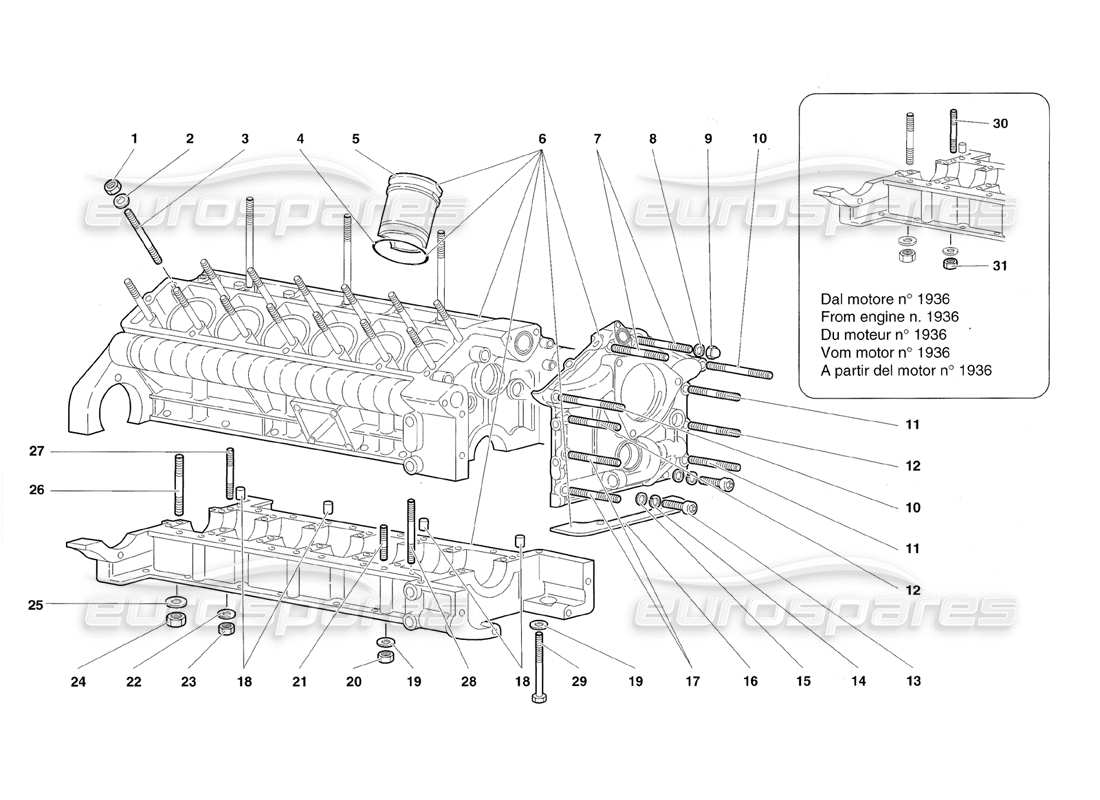 lamborghini diablo roadster (1998) crankase and lower mounting part diagram