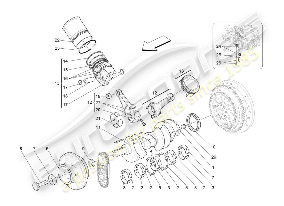 maserati granturismo (2008) diagrama de piezas del mecanismo de manivela