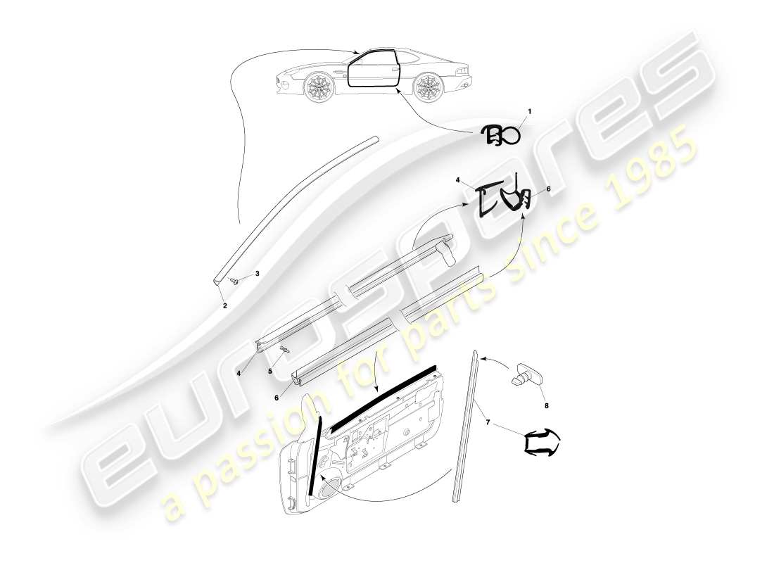 aston martin db7 vantage (2001) diagrama de piezas de los sellos de las puertas del cupé