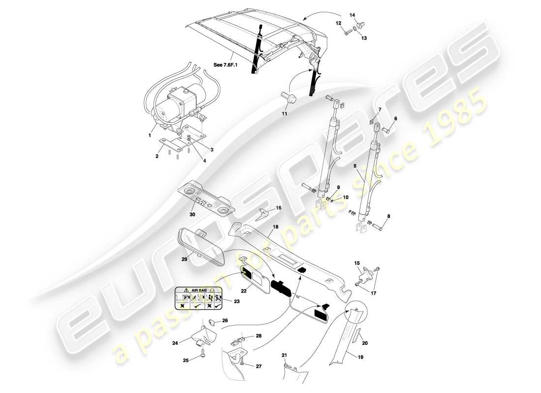 aston martin db7 vantage (2001) diagrama de piezas de moldura superior y techo volante