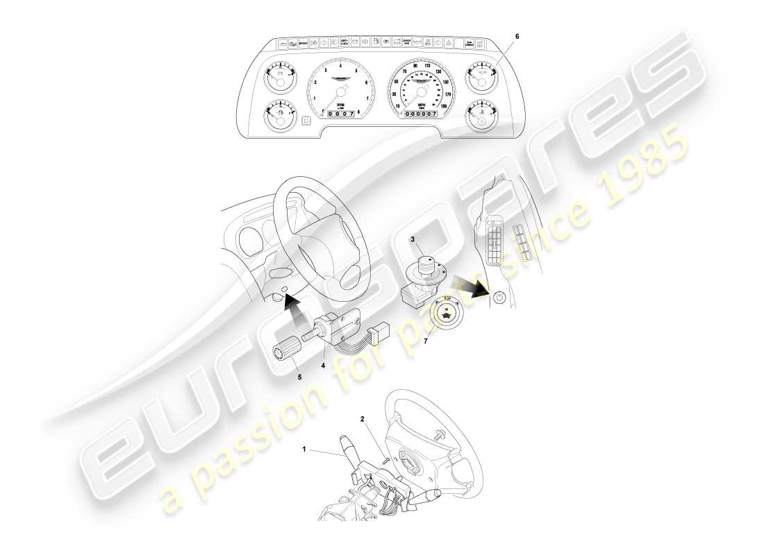 aston martin db7 vantage (2001) diagrama de piezas de instrumentos y controles