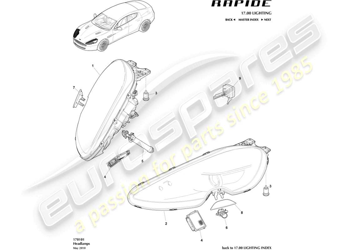 aston martin rapide (2010) diagrama de piezas de faros