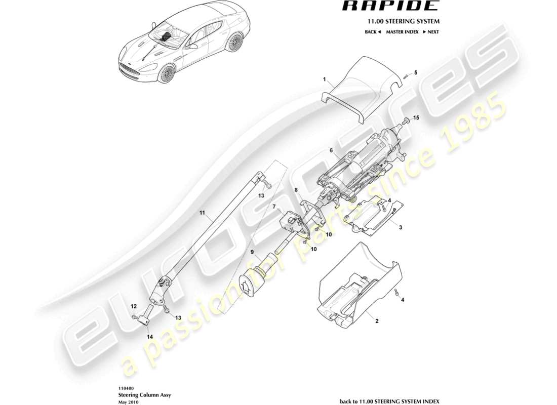 aston martin rapide (2013) diagrama de piezas del conjunto de la columna de dirección