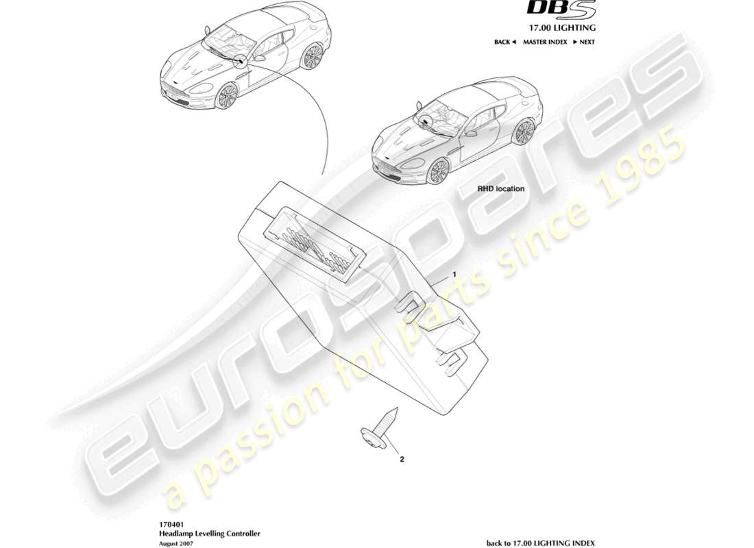 aston martin dbs (2011) controlador de nivelación de faros diagrama de piezas