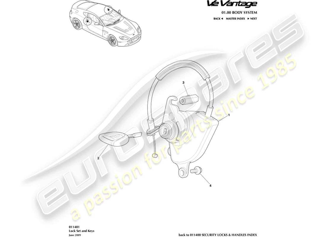 aston martin v12 vantage (2011) diagrama de piezas del juego de cerraduras y llaves