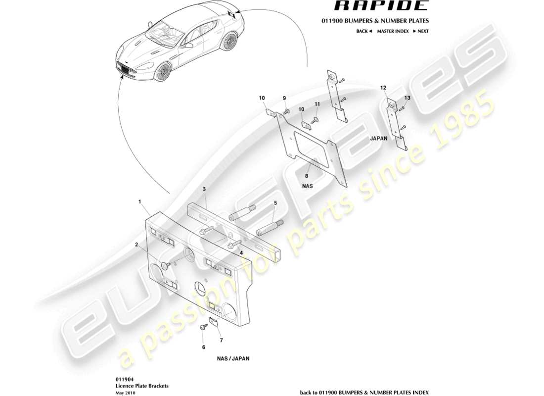 aston martin rapide (2010) zócalos de matrícula diagrama de piezas