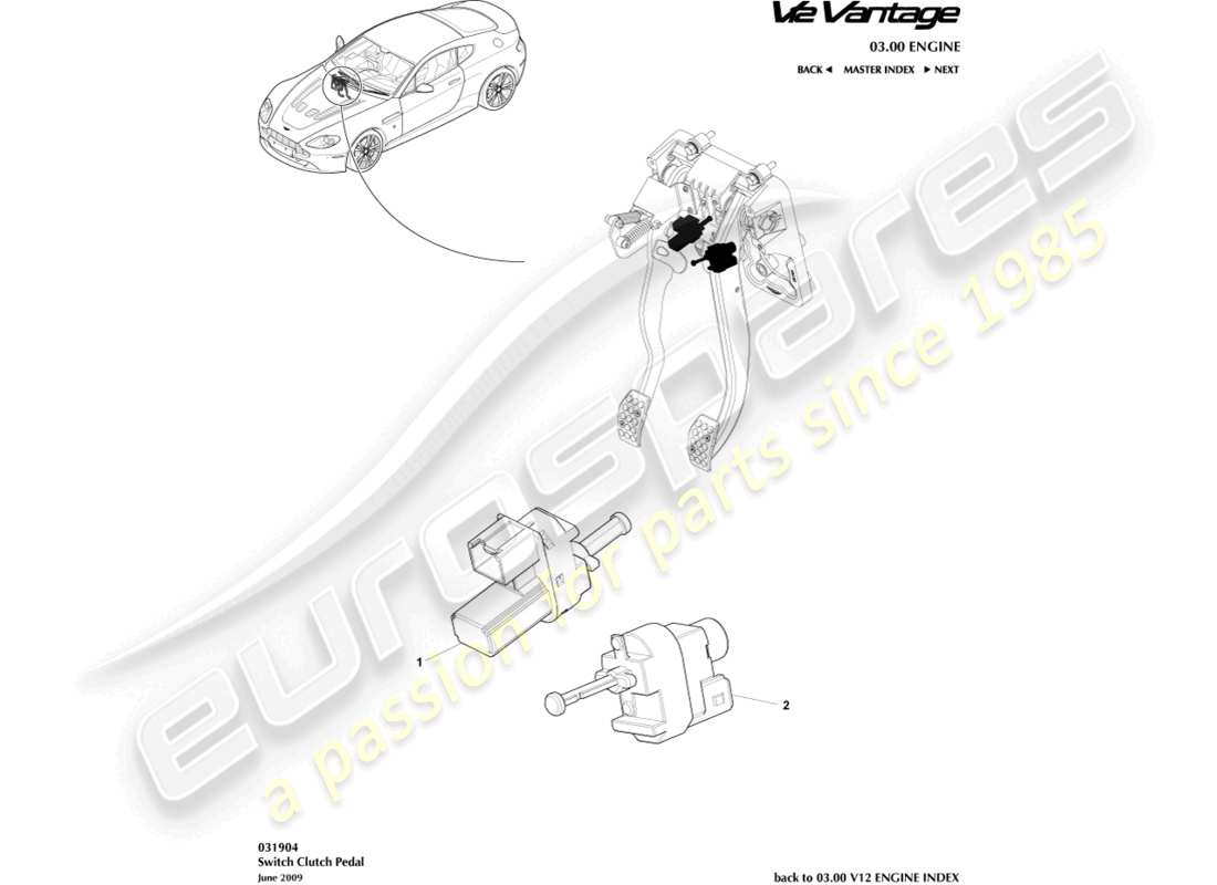 aston martin v12 vantage (2011) diagrama de piezas del interruptor del pedal del embrague