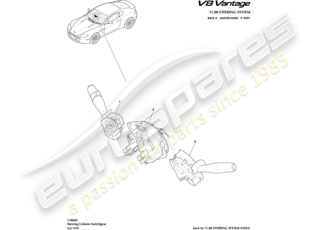 aston martin v8 vantage (2010) diagrama de piezas del interruptor de la columna de dirección