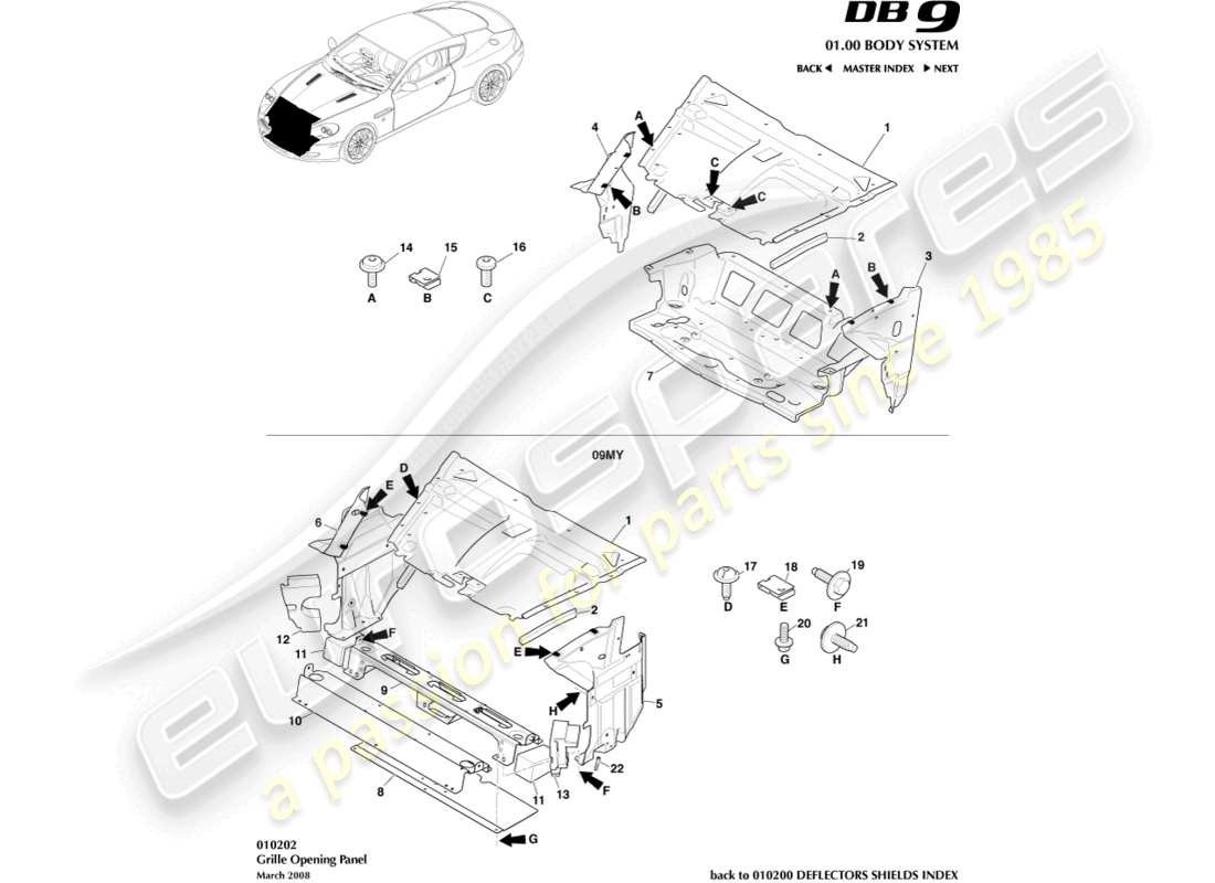 aston martin db9 (2008) diagrama de piezas del panel de apertura de la parrilla