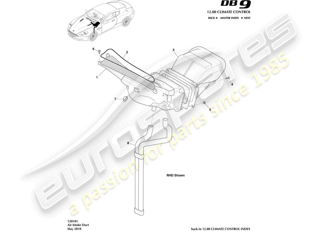 aston martin db9 (2008) diagrama de piezas de los conductos de entrada de aire