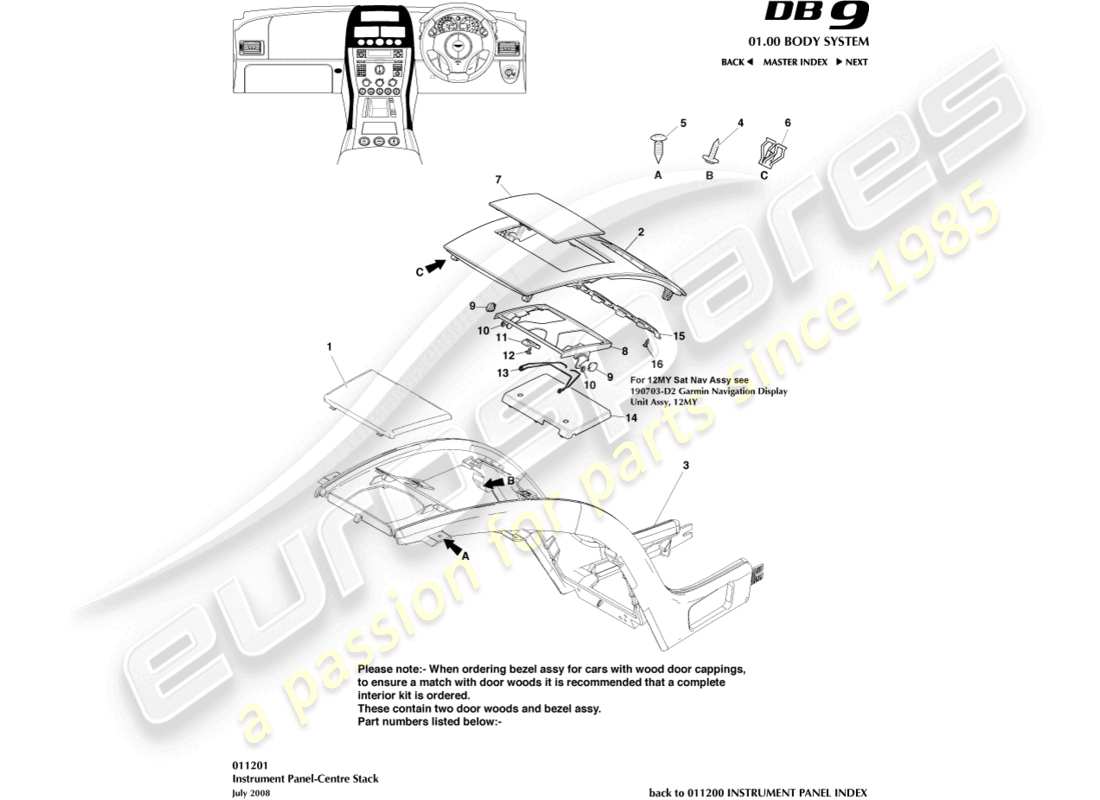 aston martin db9 (2008) diagrama de piezas de la pila central del panel de instrumentos