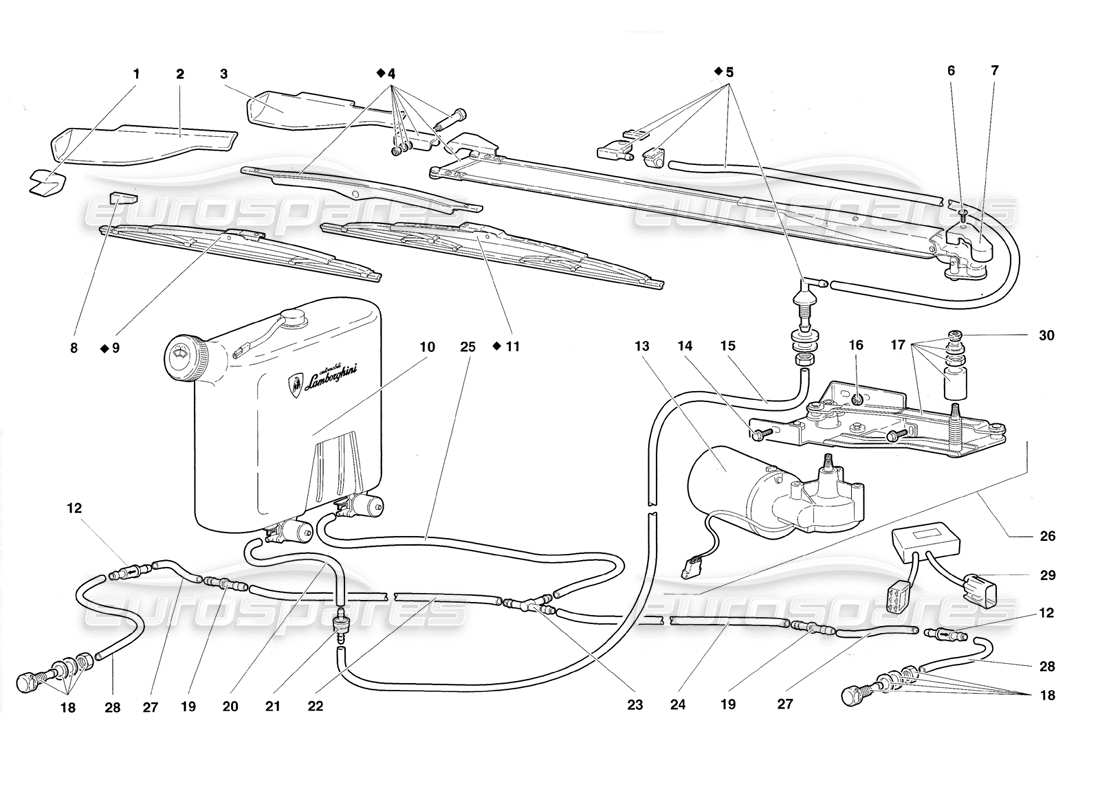 lamborghini diablo roadster (1998) diagrama de piezas del limpiaparabrisas y lavafaros