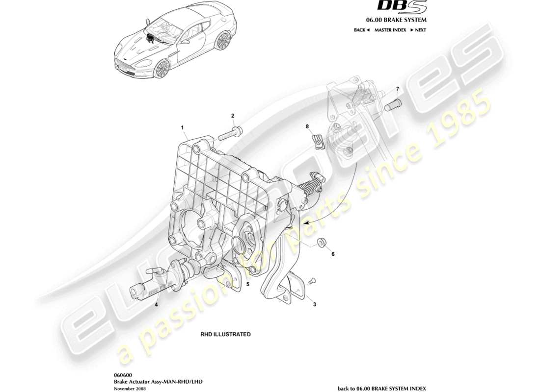 aston martin dbs (2012) conjunto del actuador de freno, diagrama de piezas de automóvil