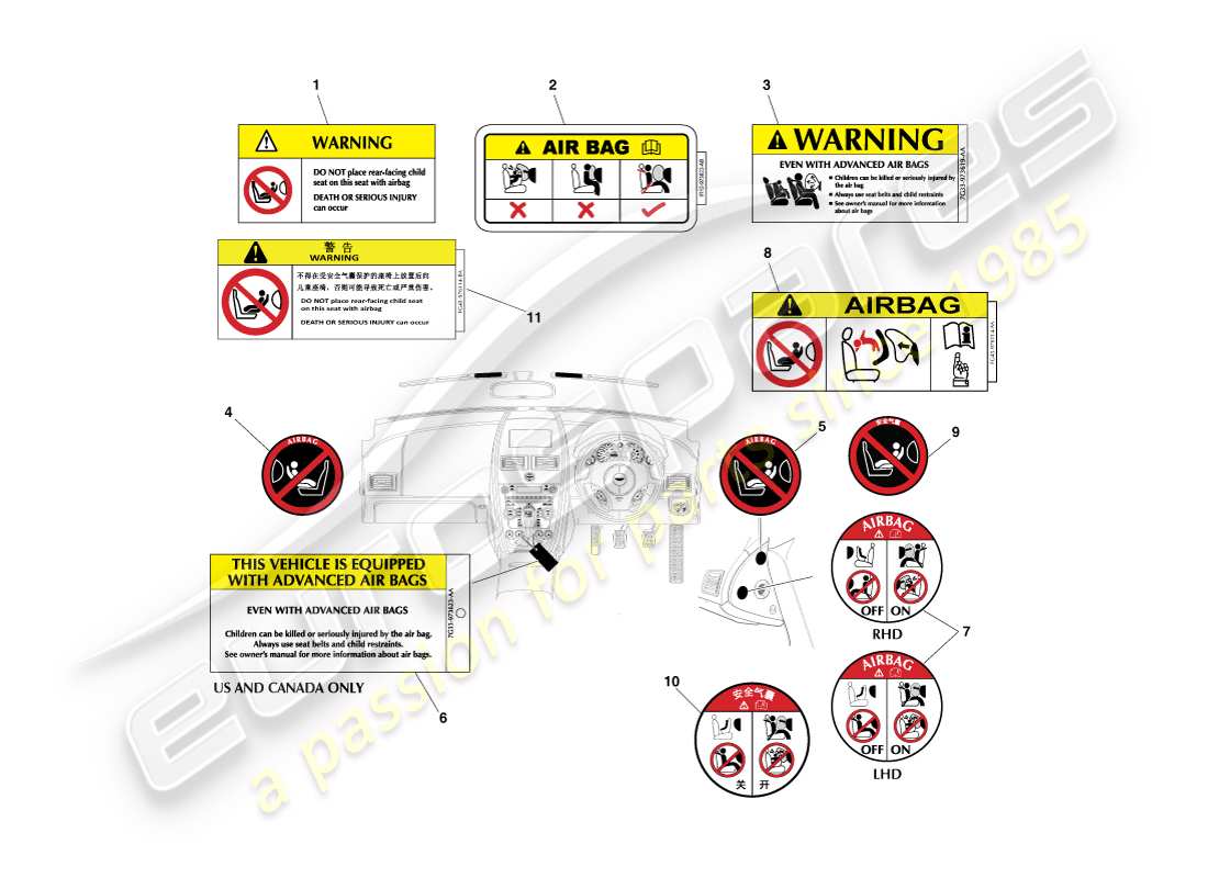 aston martin v8 vantage (2007) diagrama de piezas de etiquetas interiores