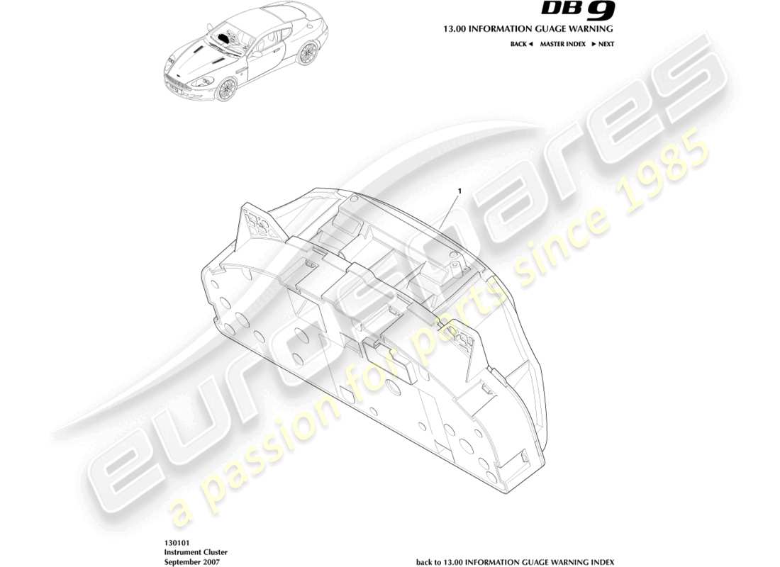 aston martin db9 (2005) combinación de instrumentos diagrama de piezas