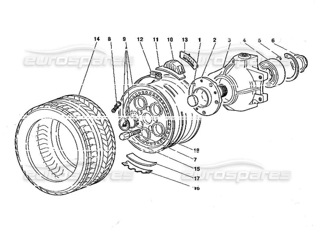 lamborghini diablo (1991) diagrama de piezas del portabujes y rueda delantera