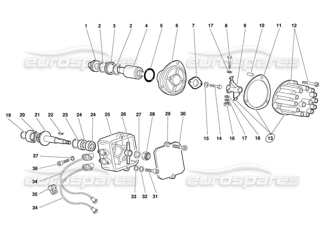 lamborghini diablo (1991) diagrama de piezas del distribuidor de encendido y sensores de fase