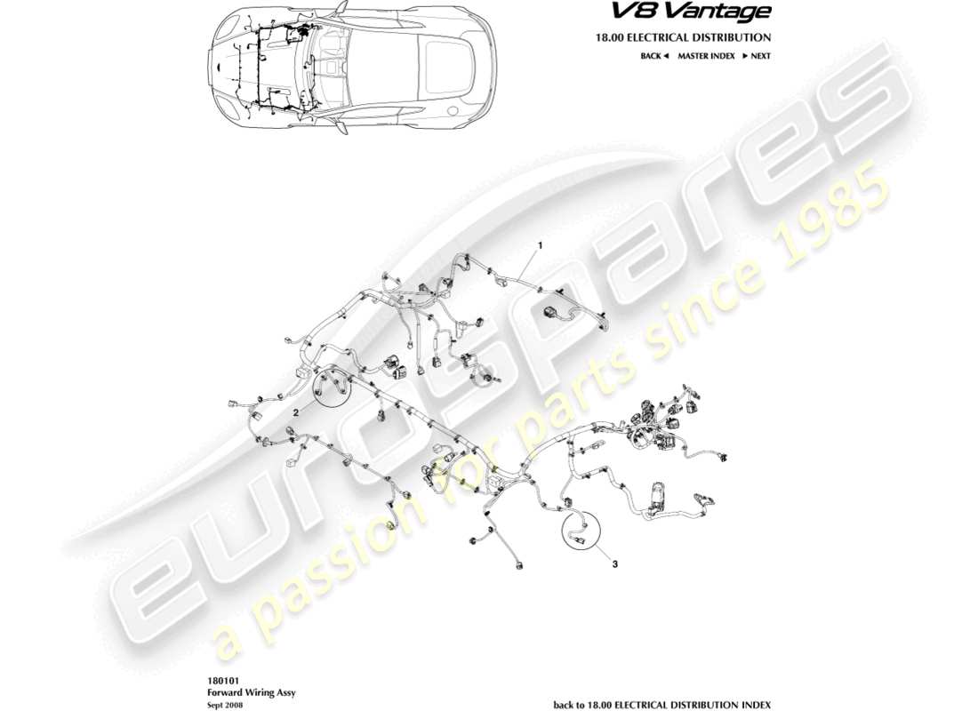 aston martin v8 vantage (2018) diagrama de piezas del arnés del compartimento del motor