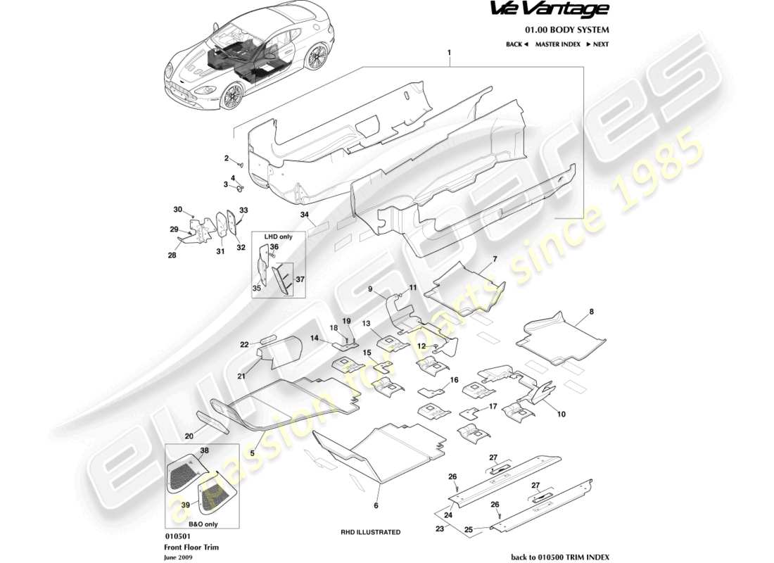 aston martin v12 vantage (2010) diagrama de piezas de molduras de piso