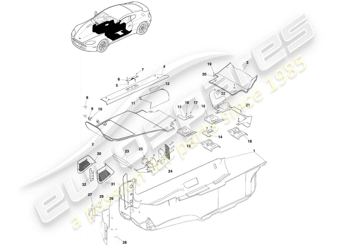 aston martin v8 vantage (2005) diagrama de piezas de molduras de piso