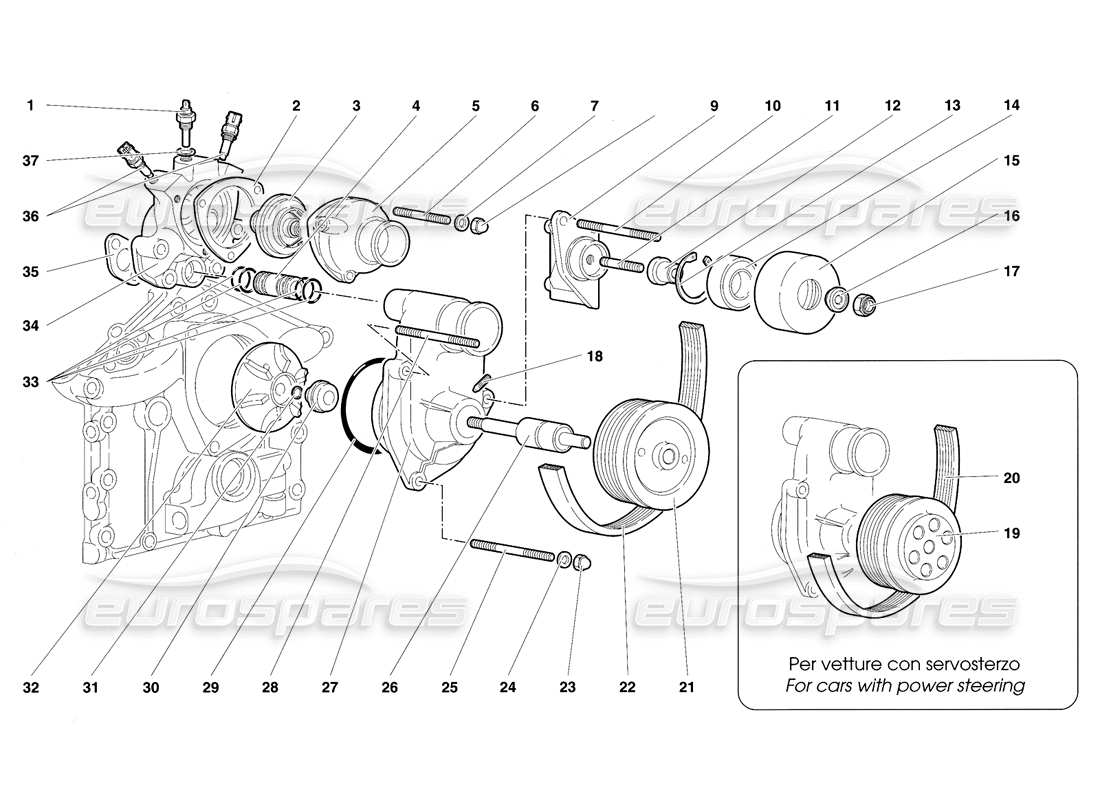 lamborghini diablo se30 (1995) diagrama de piezas del termostato y la bomba de agua