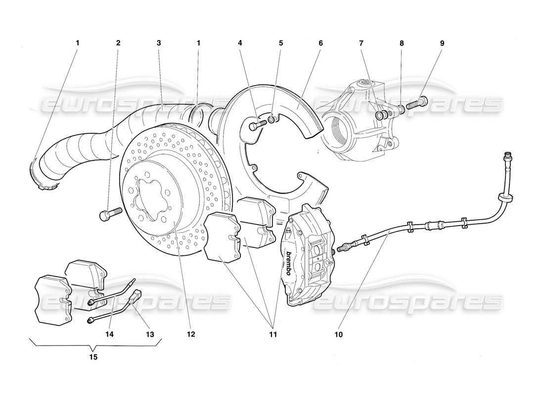 lamborghini diablo sv (1997) diagrama de piezas de frenos delanteros