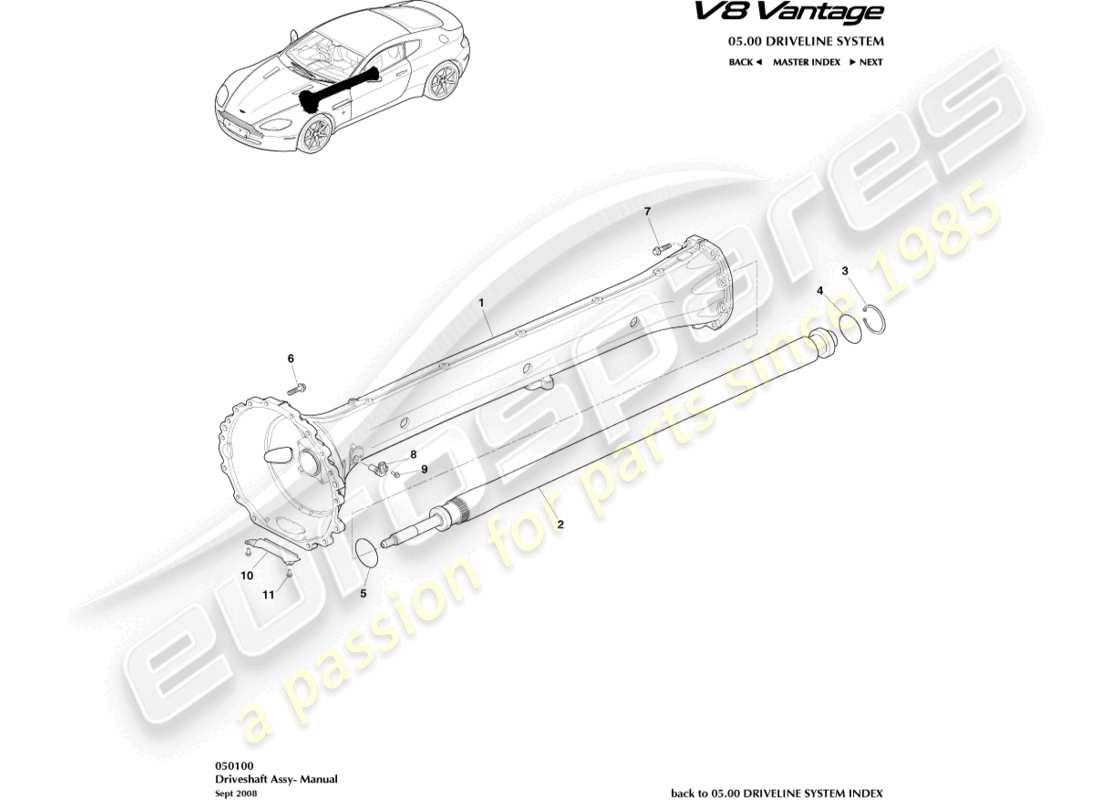 aston martin v8 vantage (2006) diagrama de piezas del conjunto del eje de transmisión