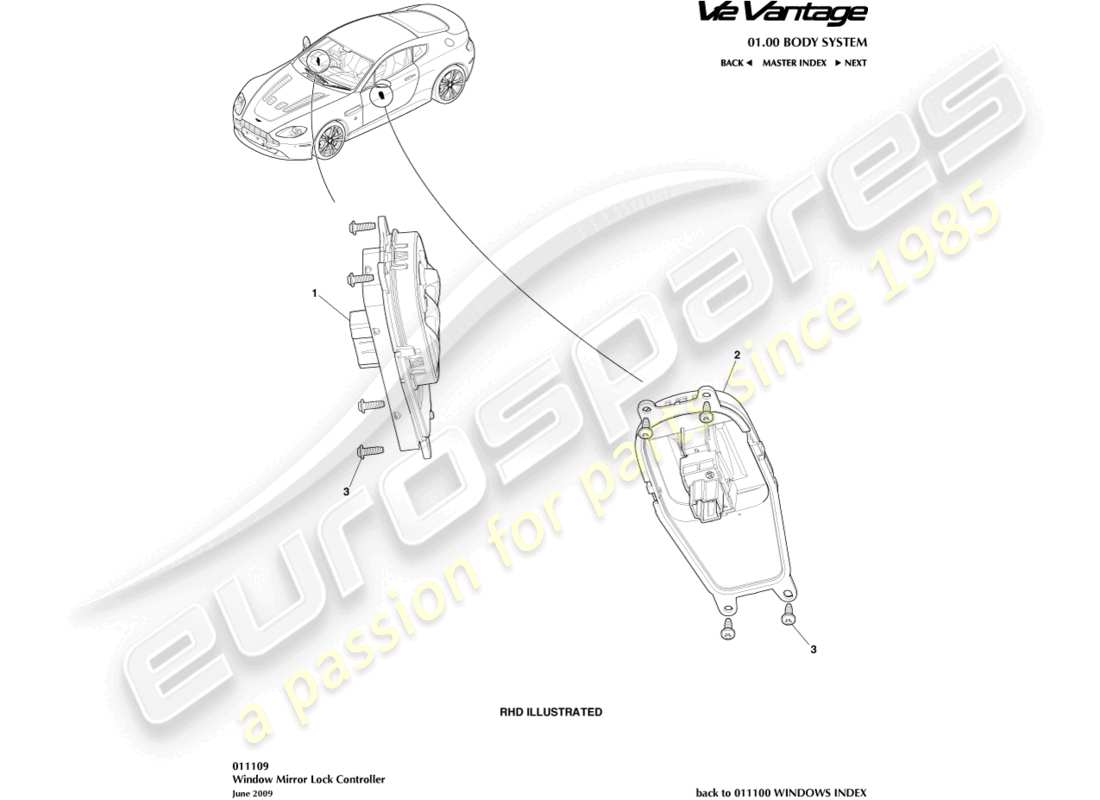 aston martin v12 vantage (2012) diagrama de piezas del controlador de bloqueo de ventana/espejo
