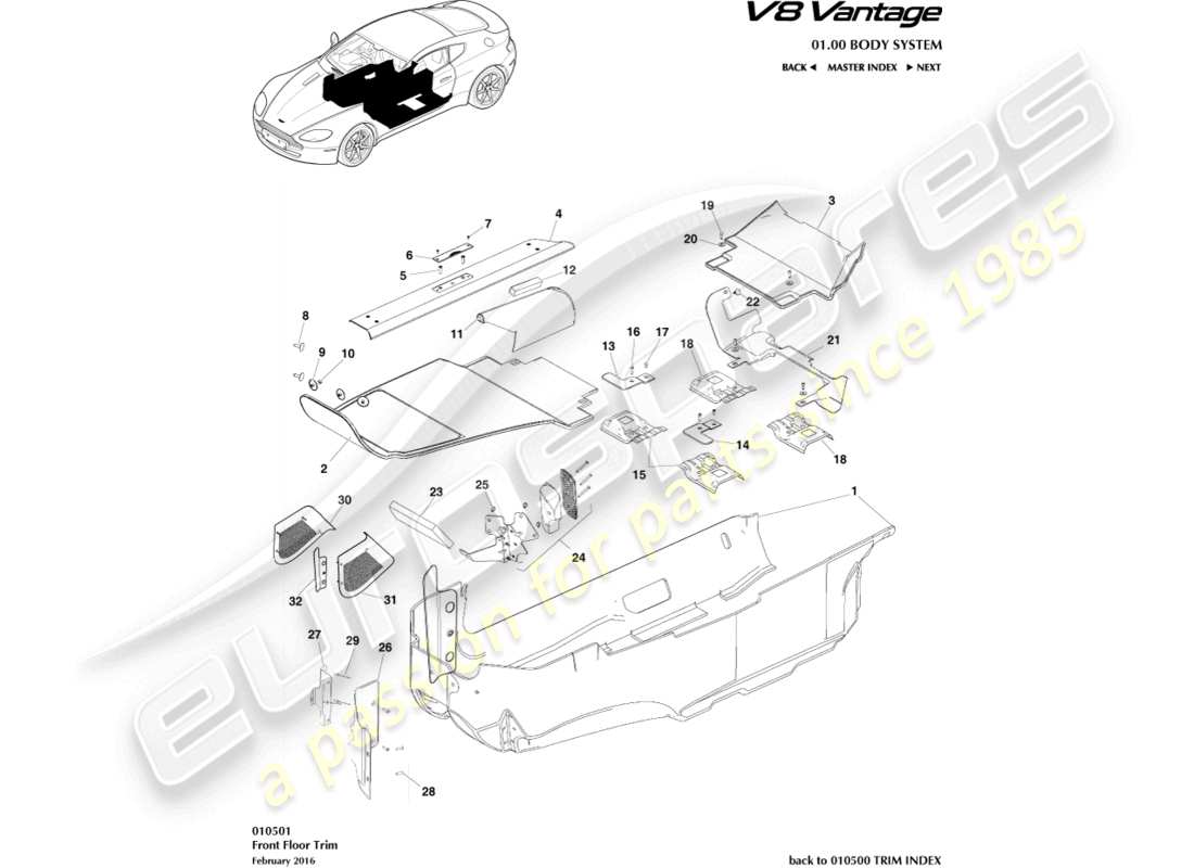 aston martin v8 vantage (2006) diagrama de piezas de molduras de piso
