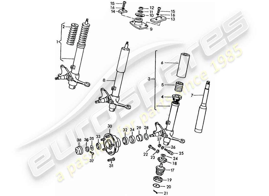 porsche 1972 (911) puntal de resorte - puntal amortiguador - lubricantes diagrama de piezas